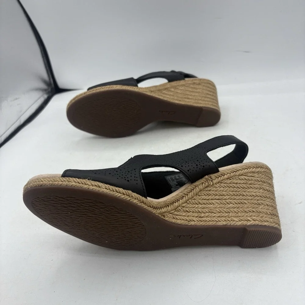 Clarks Sandals Womens Size 8.5 M Lafley Rosen Black Wedge Espadrille